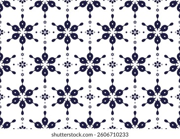 ethnic fabric seamless pattern, with dark blue floral on White background, design for cloth