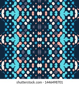 Ethnic fabric vector seamless pattern with abstract polka bots. Bohemian fashion. Endless texture. Blue African rug.