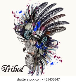 Ethnic fashion illustration with Indian head dress deer and ink spots bo-ho style. Be wild