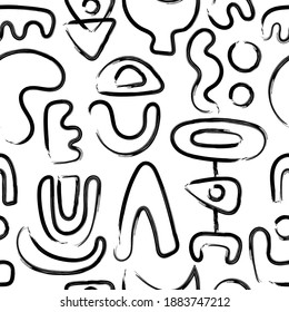 Moda étnica sin fisuras.  Textura de impresión en blanco y negro. Antecedentes abstractos. Símbolos africanos, aztecos dibujados a mano adorno para textiles. Ilustración vectorial.