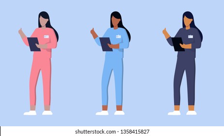 Ethnic feamle doctor or nurse set. Healthcare services, Ask a doctor. Therapists in uniform with stethoscope . Pharmacy. Gynecologist and urologist, medical team concept. Medical clinic staff