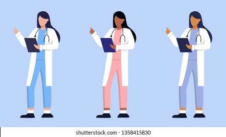 Ethnic feamle doctor or nurse set. Healthcare services, Ask a doctor. Therapists in uniform with stethoscope . Pharmacy. Gynecologist and urologist, medical team concept. Medical clinic staff