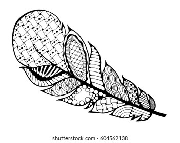 Ethnic Feather on a white background. Vintage Artistically hand drawn stylized tribal feather. Doodle feather. Ink drawing. Coloring book. Black and White. Boho style. Stock vector.