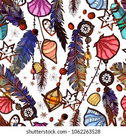 Ethnic feather seamless pattern in boho style. Trendy beautiful bright tropical patterned elements, sketch, tribal template, t-shirt design. Aztec background perfect for textile