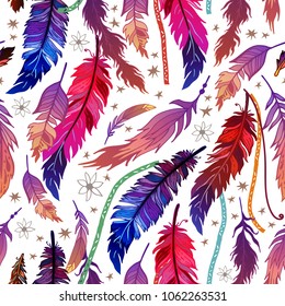 Ethnic feather seamless pattern in boho style. Trendy beautiful bright tropical patterned elements, sketch, tribal template, t-shirt design. Aztec background perfect for textile