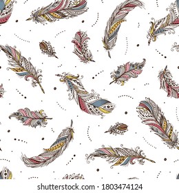 Ethnic Feather Seamless Pattern. Hand Drawn Tribal Feathers Boho Style Repeating Background