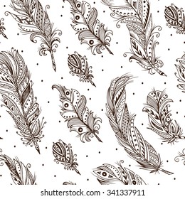 Ethnic feather Seamless Pattern. Hand Drawn Tribal Feathers. Decorative feathers.