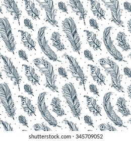 Ethnic feather Seamless Pattern. Hand Drawn Tribal Feathers. Decorative  feathers.