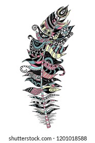 Ethnic feather vector illustration. Doodle sketch tribal feather. Element for greeting card, henna and tattoo design. Hand drawn. 