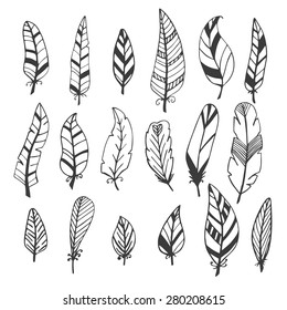 Ethnic feather vector set. Hand drawn collection. Vector illustration