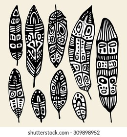 Ethnic Feather vector set. Hand drawn illustration.