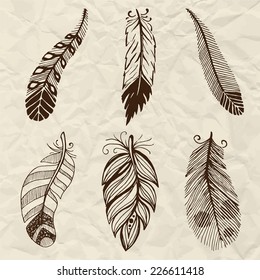 Ethnic feather vector set. Hand-drawn illustration.