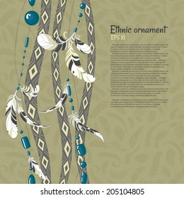 Ethnic feathers and beads vector background
