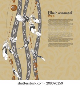 Ethnic feathers and beads vector background