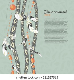 Ethnic feathers and beads vector background