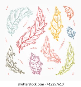 Ethnic feathers. Feather Vector Set. Hand Drawn Doodle Tribal Colorful Bird feathers. 