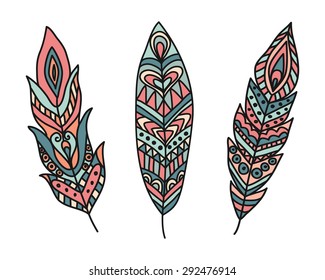Ethnic Feathers. Hand drawn design elements. Vector Illustration