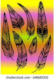 Ethnic feathers patterns set contours drawing hand gradient background vector illustration