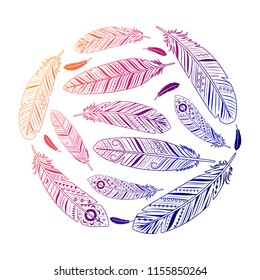 Ethnic feathers round emblem. Colorful feathers vector print
