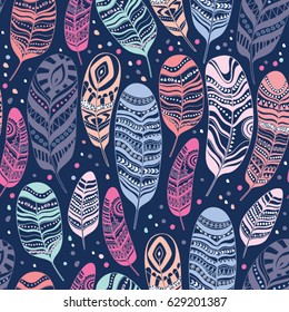 Ethnic feathers seamless pattern.