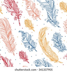 Ethnic feathers Seamless Pattern. Hand Drawn Tribal Feathers. Decorative feather.