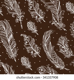 Ethnic feathers Seamless Pattern. Hand Drawn Tribal Feathers. Decorative feather.