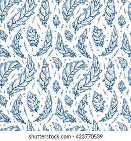 Ethnic feathers Seamless Pattern. Hand Drawn Tribal Feathers. Decorative feathers  Vintage Vector background. 