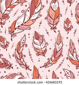 Ethnic feathers Seamless Pattern. Hand Drawn Tribal Feathers. Decorative feathers  Vintage Vector background. 