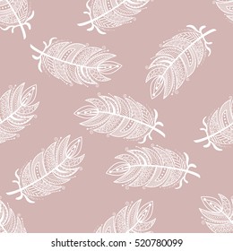 Ethnic feathers Seamless Pattern. Hand Drawn Decorative zen-tangle. Vector illustration. 