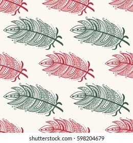Ethnic feathers Seamless Pattern. Hand Drawn Decorative element. Vector illustration. Boho style