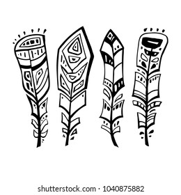 Ethnic Feathers Set. Hand drawn vector illustration. Design element