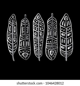 Ethnic Feathers Set. Hand drawn vector illustration. Design element