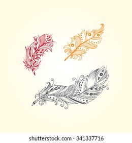 Ethnic feathers. Tribal Feathers Vintage Pattern. Hand Drawn Doodles illustration