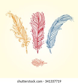 Ethnic feathers. Tribal Feathers Vintage Pattern. Hand Drawn Doodles illustration