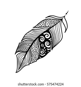 Ethnic feathers. Tribal Feathers Vintage Pattern. Hand Drawn Doodle and zentangle illustration. stylized linear style.