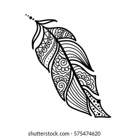 Ethnic feathers. Tribal Feathers Vintage Pattern. Hand Drawn Doodle and zentangle illustration. stylized linear style.