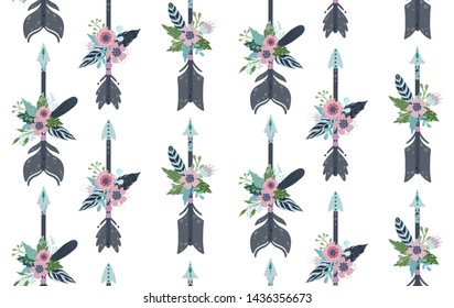 Ethnic feathers,arrows and flowers seamless pattern. Bohemian style isolated on white background. Vector tribal illustration.