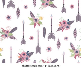 Ethnic feathers,arrows and flowers seamless pattern. Bohemian style isolated on white background. Vector tribal illustration.