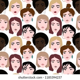 ethnic female faces abstract pattern. young weman with make up and hairstyle