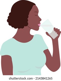 Mujer étnica en perfil sedienta luego de hacer ejercicio sosteniendo una glas en la mano. Hembra con el pelo oscuro corto de la ilustración del vector de agua potable. Mujer saludable concepto de agua potable con camiseta azul. 