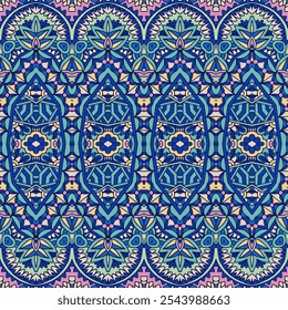 Ethnic festive pattern for fabric. Abstract geometric damask pattern colorful seamless pattern ornamental. Persian motives design.