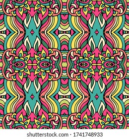Ethnic festive seamless indian art pattern. Abstract geometric colorful intricate medallion mexican ornamental background