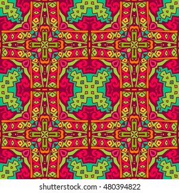 ethnic festive seamless pattern for fabric. Abstract colorful vibrant geometric tiles