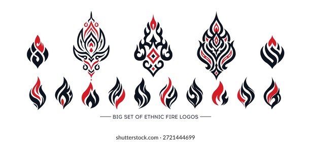 Conjunto de emblema de fuego étnico con patrones complejos y tonos brillantes, colección de insignia de moda con motivos elaborados y color luminoso para la identidad de la marca