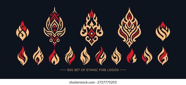 Ethnic fire emblem set featuring complex patterns and glowing shades, Fashionable badge collection with elaborate motifs and luminous color for brand identity
