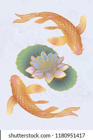 Ethnic fish Koi carp with water lotus flowers