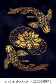 Ethnic fish Koi carp with water lotus flowers