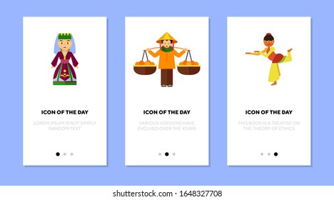 Ethnic flavor flat icon set. Exotic, Asian, country isolated vector sign pack. Tradition and nationality concept. Vector illustration symbol elements for web design and apps