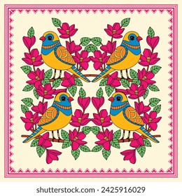 Ethnische Flora und Fauna - Lebendige Madhubani Kunst. Von der Natur inspirierte Ethnische Kunst. Lebendige Vogel- und Blumenillustrationen. Botanische und Fauna Wanddekor.