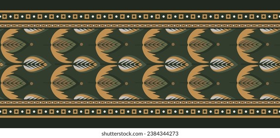 Ethnic floral border design with leaves. Two-way seamless vector border design in Indian embroidery style for textile, clothing, frame, invitation card design, textures, knitwear, print etc.